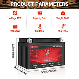 AMPXELL 12V LiFePO4 5Ah 64Wh 300A Motorcycle & Snowmobile Starter Battery
